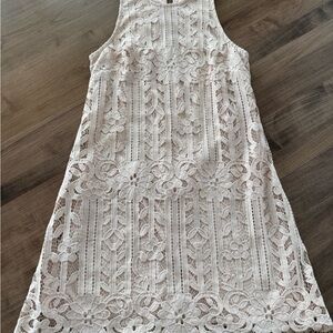 Speechless Floral Lace Mini Dress - blush pink with frayed scalloped lace hem